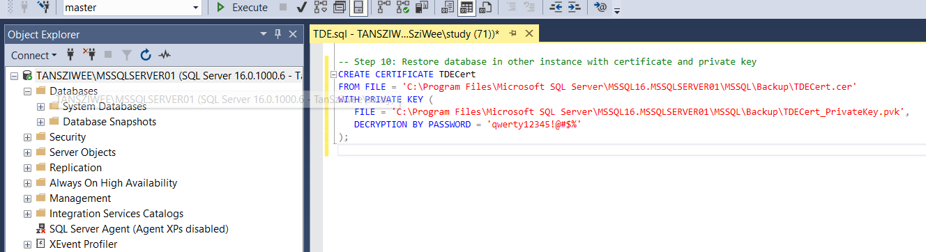 Create master Key and certificate inside instance